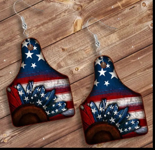 USA Fourth of July Cow Tag Wooden Earrings