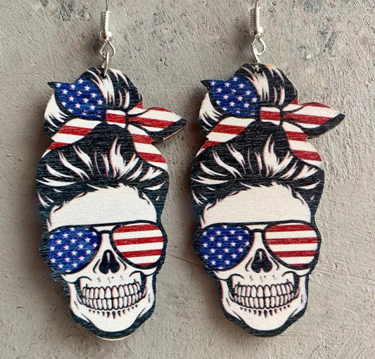 USA Skull Wooden Earrings